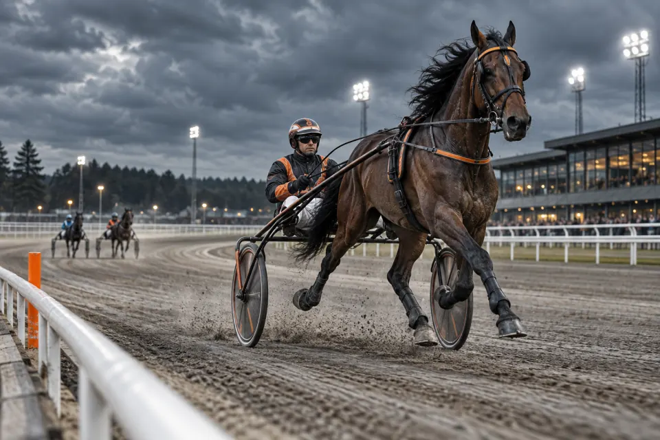 Travhäst med sulky och förare på en upplyst travbana i skymning